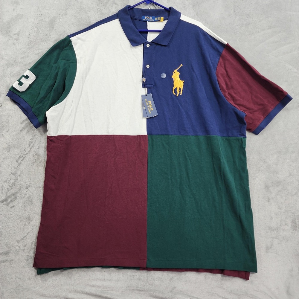 NEW Polo Ralph Lauren Shirt Mens 4XLT Navy Multi Colorblock Big Pony Mesh Luxury